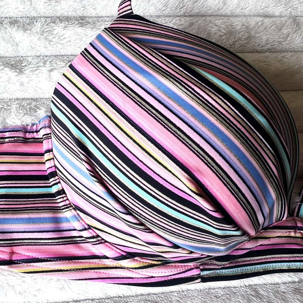 Y2K Victorias Secret 36B Flirt Bandeau Bikini Top Striped Black Pink 0041